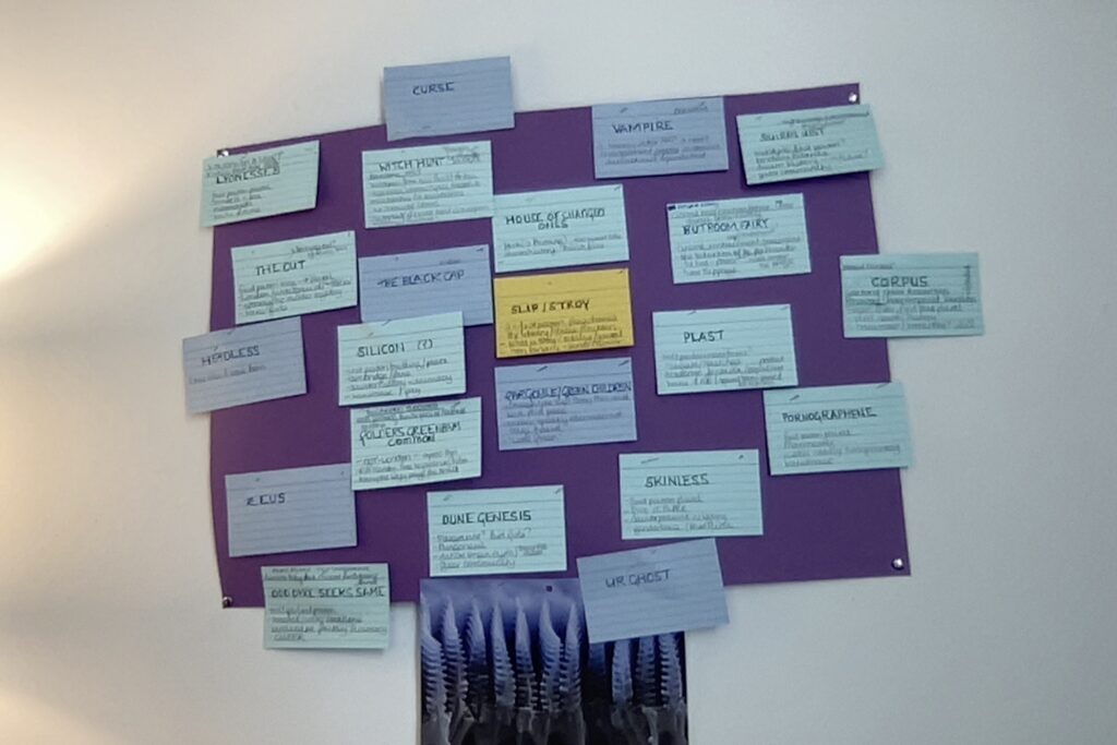 An A3 sheet of purple card with multicoloured index cards pinned to it. Each index card has the title of a story written on it in bold, and a few facts about that story. The cards are arranged haphazardly. There is a picture of undersea invertebrates beneath the cards.